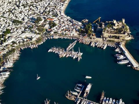 Amazing panoramic view from drone of Bodrum harbour and ancient Kalesi castle Stock Photos