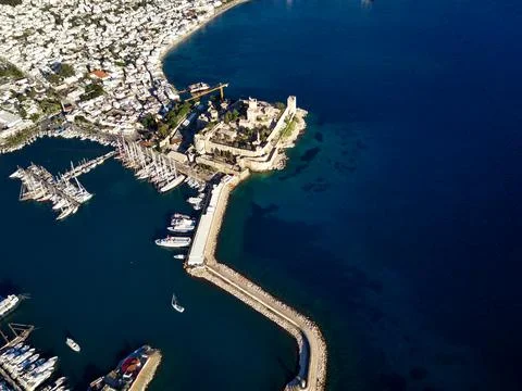 Amazing panoramic view from drone of Bodrum harbour and ancient Kalesi castle Stock Photos