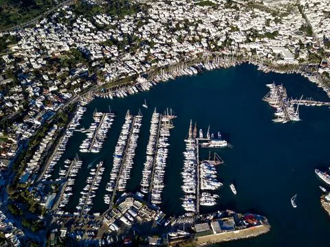 Amazing panoramic view from drone of Bodrum harbour and ancient Kalesi castle Stock Photos