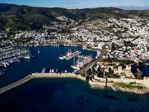 Amazing panoramic view from drone of Bodrum harbour and ancient Kalesi castle Stock Photos