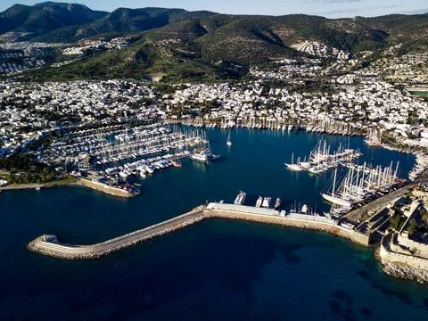 Amazing panoramic view from drone of Bodrum harbour and ancient Kalesi castle Stock Photos