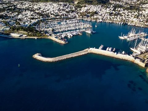Amazing panoramic view from drone of Bodrum harbour and ancient Kalesi castle Stock Photos