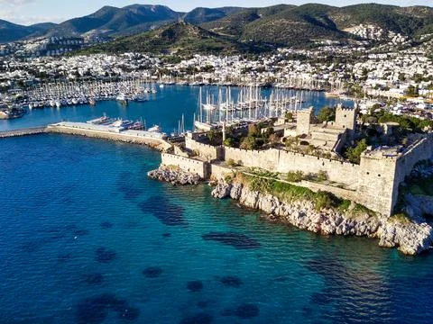 Amazing panoramic view from drone of Bodrum harbour and ancient Kalesi castle Stock Photos