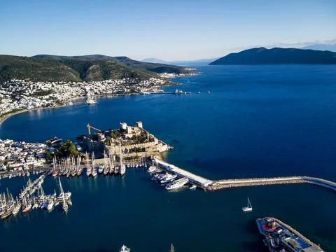 Amazing panoramic view from drone of Bodrum harbour and ancient Kalesi castle Stock Photos