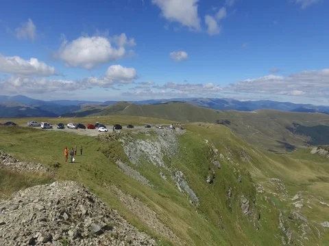 Amazing panoramic view of green valleys and mountains on Transalpina Stock Footage 79057609