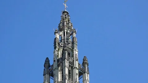 Amazing panoramic view of main tower of Cathedral of Our Lady, Antwerp, Belgium Stock Footage 95365067