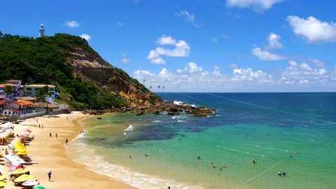 Amazing Panoramic view of Morro de Sao Paulo Primeira Praia with lighthouse Stock Footage 149679696
