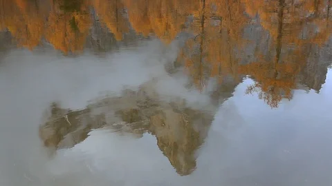 Amazing reflection of a forest and the Monte Pelmo, Dolomites Stock Footage 129558845