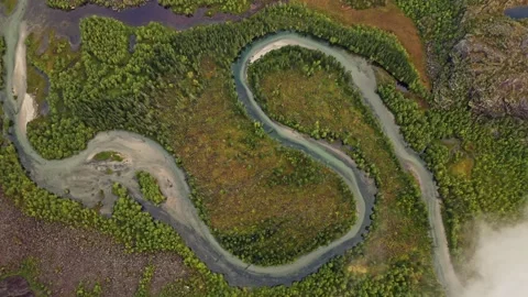 Amazing river Meander with clouds rocks forest aerial drone Stock Footage 141063194