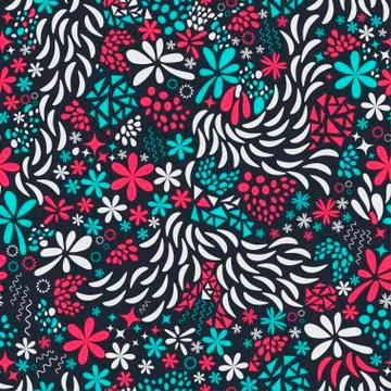 Amazing seamless floral pattern with bright colorful flowers and leaves on a Stock Illustration