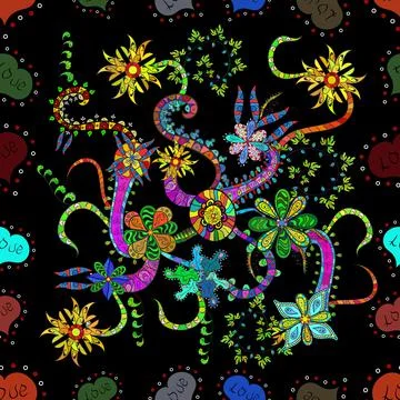 Amazing seamless floral pattern with bright colorful flowers and leaves on a bla 스톡 일러스트