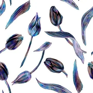 Amazing seamless pattern with blue Tulips flowers isolated on white. Stock Illustration