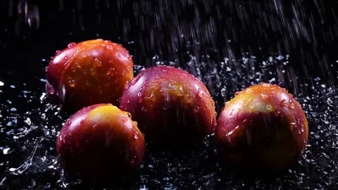 Amazing shower for group of fresh nectarines, laying in shallow water Stock-Footage 78352753