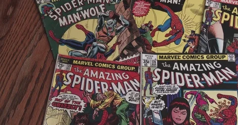 Amazing Spider Man Comic Books - Wide Pan - Vintage - Marvel Stock Footage 84668754