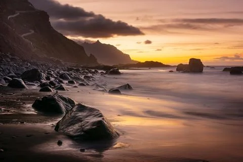 Amazing sunset with dramatic sky at Playa Benijo on Tenerife, Canary Islands, Stock Photos