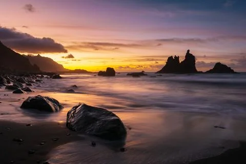Amazing sunset with dramatic sky at Playa Benijo on Tenerife, Canary Islands, Stock Photos