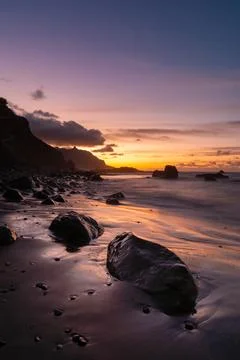 Amazing sunset with dramatic sky at Playa Benijo on Tenerife, Canary Islands, 库存照片