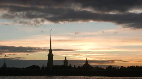 Amazing sunset over Peter and Paul Fortress, dark spire silhouette Video stock 65210586