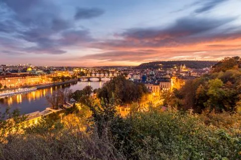 Amazing sunset over Prague cityscape Stock Photos