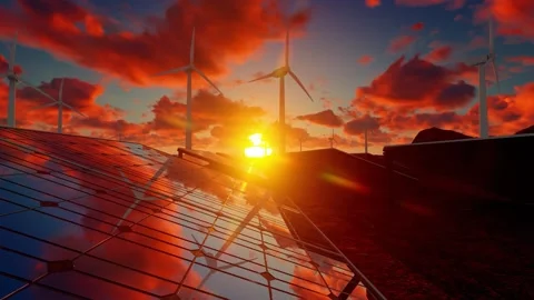 Amazing sunset over solar panel farm Video stock 264042842