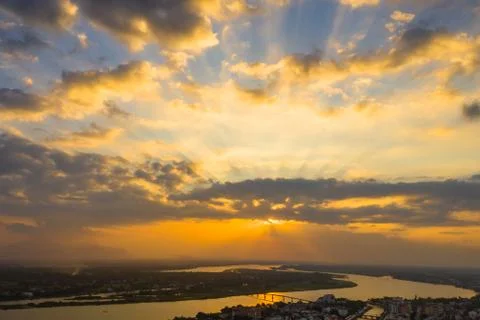 Amazing sunset with rays and sunlights Stock Photos