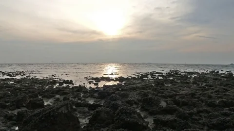 Amazing sunset view at the beach with rocks silhouette foreground Stock Footage 72531842
