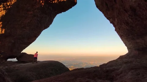 Amazing Sunset View Young man and Dog hike in nature Landscape in Montserrat Stock-Footage 203907513