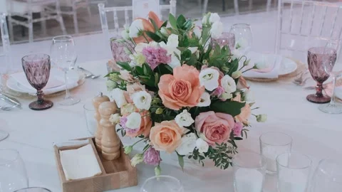 Amazing table set for wedding celebration party in restaurant Stock Footage 247761338