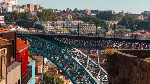 Amazing Timelapse Of Dom Luis I Bridge Over Douro River In Porto, Portugal Stock Footage 201006459