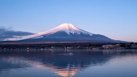 Amazing timelapse of Fuji mount reflected in the lake water at early spring Stock Footage 126544201