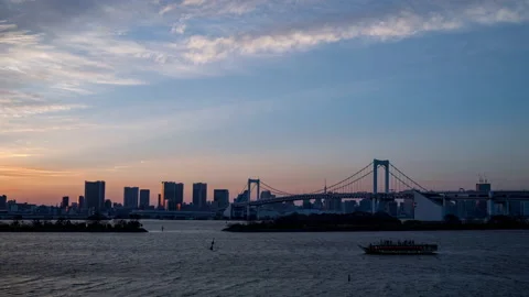 Amazing timelapse of Tokyo skyline with Rainbow Bridge and Tokyo bay at evening Stock Footage 139727888