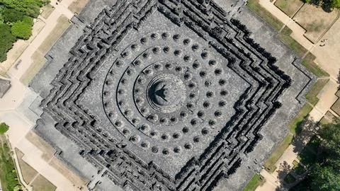 Amazing top down view of Borobudur temple one of well-known tourist destinati Stock Photos