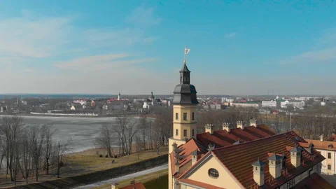 Amazing top view from Drone flying over the old beautiful castle in the morning Stock Footage 126829540