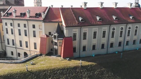 Amazing top view from Drone flying over the old beautiful castle in the autumn Stock Footage 126829579
