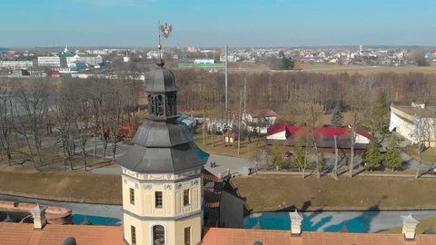 Amazing top view from Drone flying over the old beautiful castle near the river Stock Footage 126829617