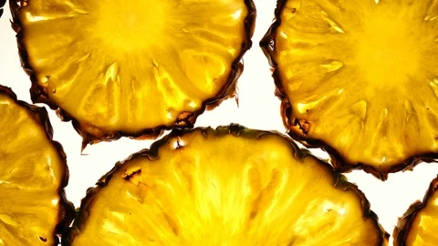 Amazing top view of pineapple fruit slices in flat lay close up Stock Footage 86430261