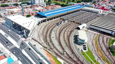 Amazing train yard and subway station aerial. Public mass transportation Stock Footage 167406131