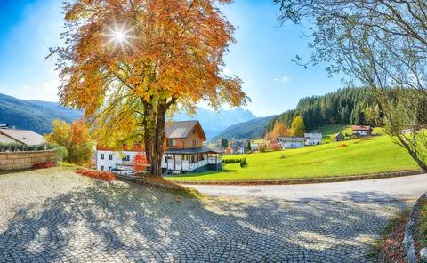 Amazing view of  Alpine green fields and traditional wooden houses view of .. Stock Photos