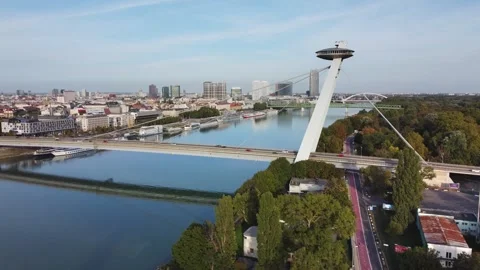 Amazing view on Bratislava Ufo bridge over Danube river Stock Footage 252396744