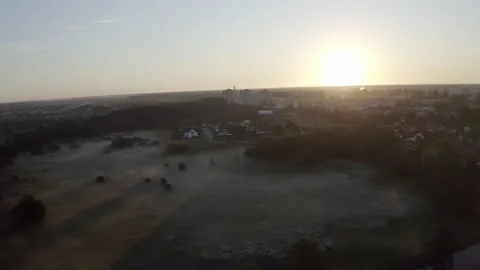 Amazing View at Bright Sunrise Above Foggy Village Stock Footage 141192653
