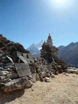 Amazing view in the Everest base camp trek with beautiful stupa and valley in Stock Photos
