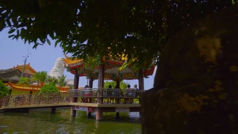 Amazing view of fish pond with small central pagoda at Kek Lok Si Temple Stock Footage 108795837