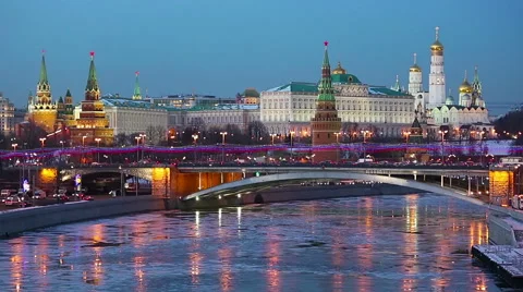 Amazing view of Kremlin in the winter after sunset, Moscow, Russia Stock Footage