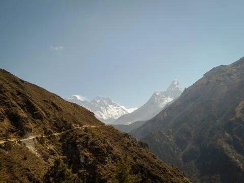 Amazing view of the pathaway to Everest Base Camp trek. View of mount Everest Stock Photos