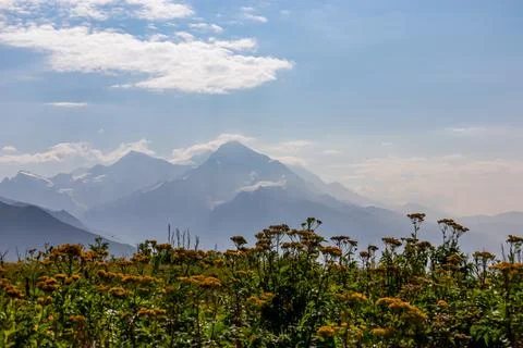 Amazing view on the sharp Svaneti mountain peaks near Mestia in the Greater.. Stock Photos