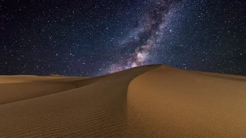 Amazing views of the desert under the night starry sky. Timelapse. Video stock 112670809