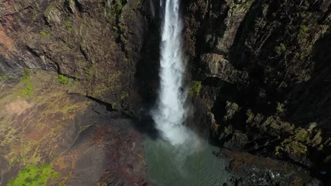 Amazing Wallaman Falls cascading over cliff, Queensland Australia, aerial Stock Footage 141484526