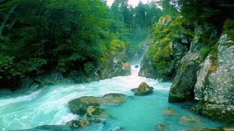 Amazing Waterfall. Forest cliffs with a roaring stream. Loop video, 4K 스톡 동영상 159610616