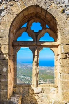 Amazing window view from the St. Hilarion Castle in Northern Cyprus Stock Photos