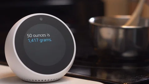 Amazon Alexa Assistant Making Unit Conversion While Cooking in Kitchen Stock Footage 94032383